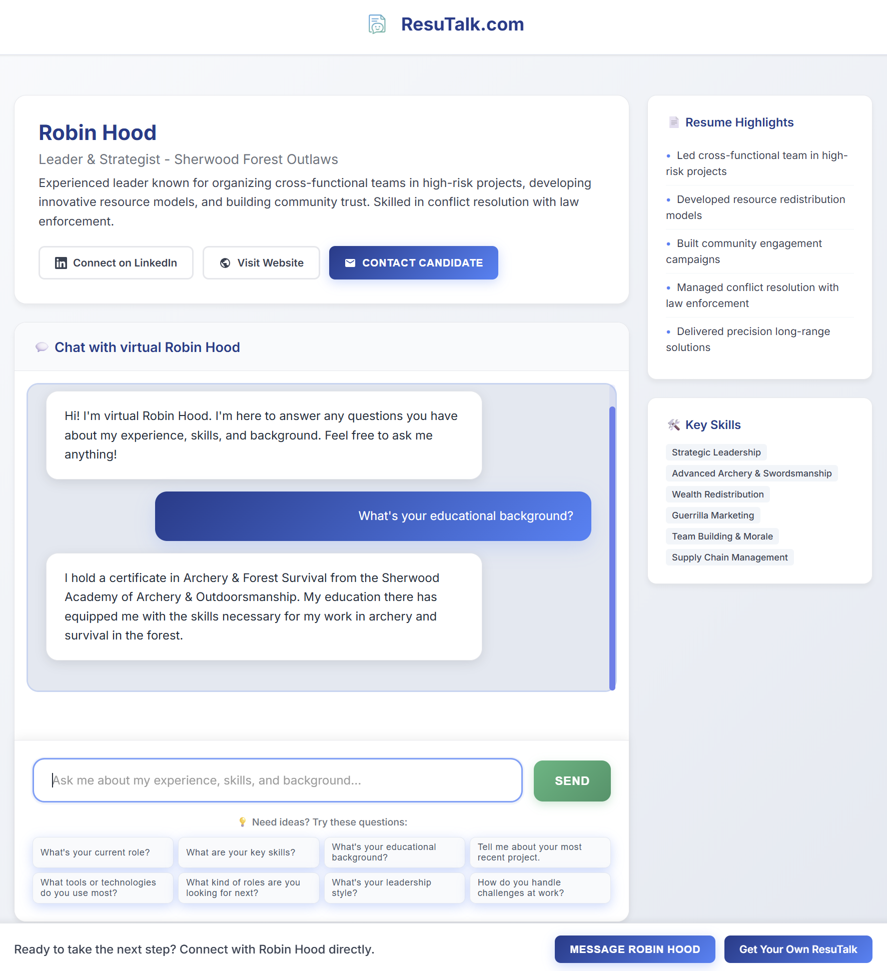 Interactive resume chatbot demo for job seekers