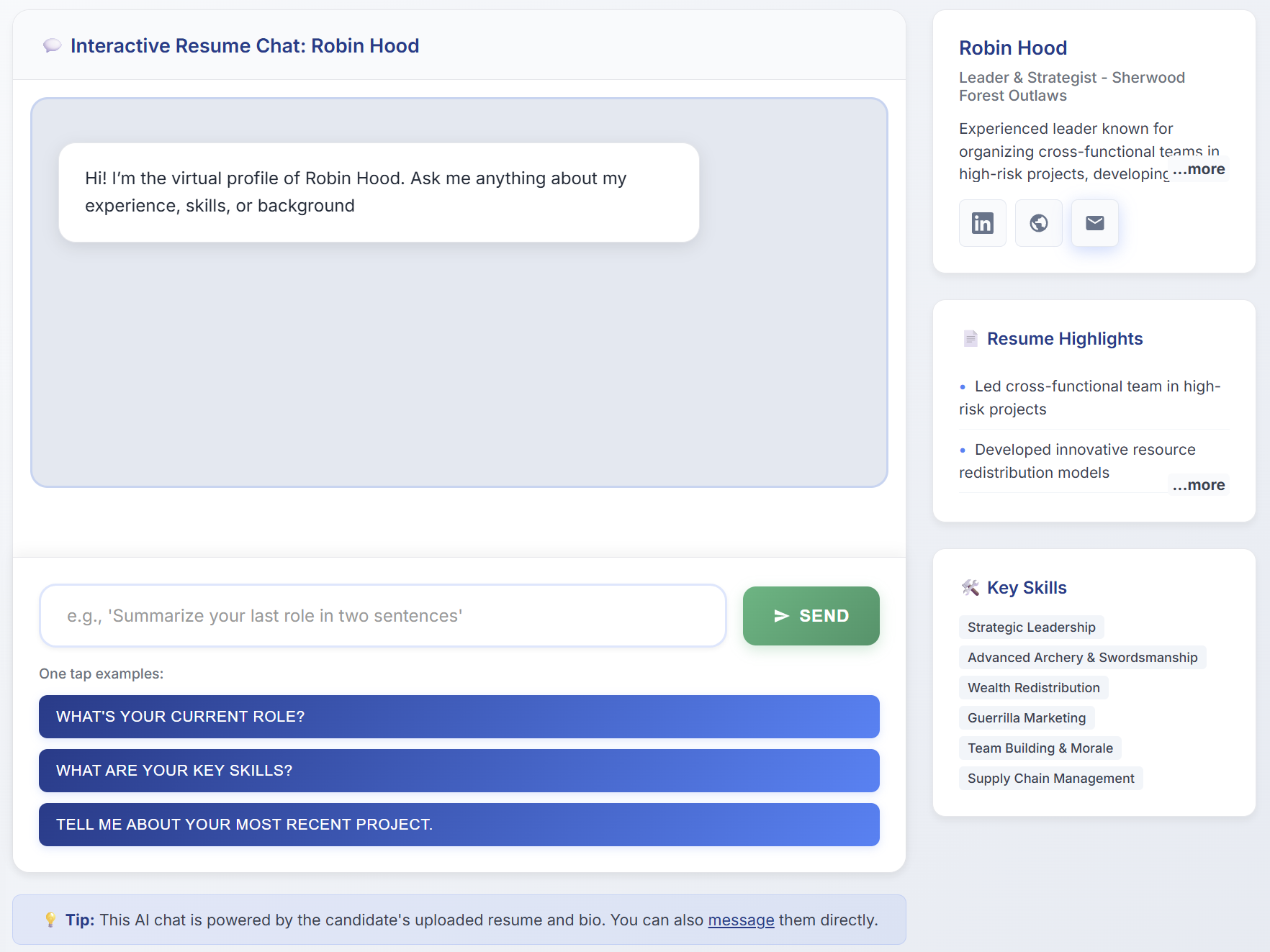 Interactive resume chatbot demo for job seekers